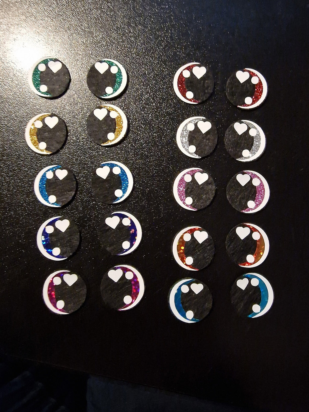 Glitter/Holo  Felt Amigurumi Eyes: 5 Sets Heart+2 Dots Sparkle Vinyl Eyes (15-40mm)