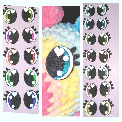 3.5 Inch Felt Amigurumi Eyes: Oval Lashes, Glitter Heart + 2 Dots (1 set. 2 eyes)