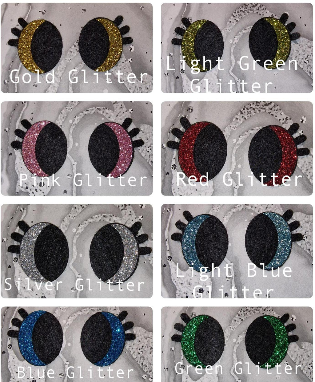 3.5 Inch Felt Amigurumi Eyes: Oval Lashes, Glitter Heart + 2 Dots (1 set. 2 eyes)
